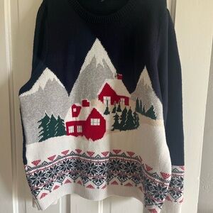 Talbots Women Petite XL Blue Holiday Scene Crewneck Sweater Fair Isle